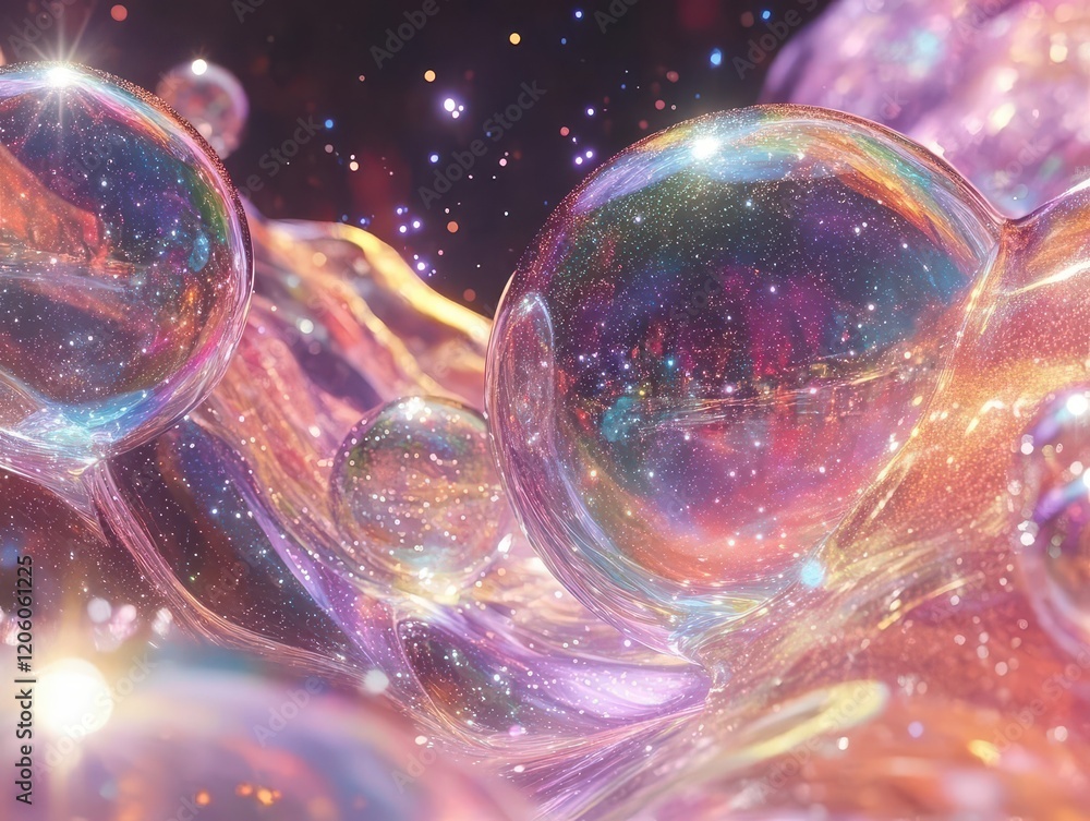 Aufkleber iridescent soap bubbles floating in cosmic void, prismatic light refracting through translucent sphe