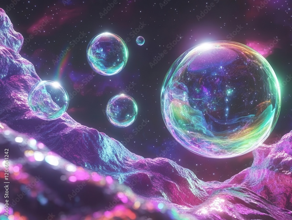 Aufkleber iridescent soap bubbles floating in cosmic void, prismatic light refracting through translucent sphe