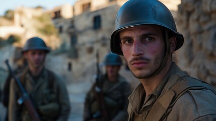 Fototapeta premium oldtime warfare, close up young soldier men with serious face at town ruins