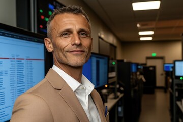 Naklejka premium Confident mature caucasian male executive in modern office server room