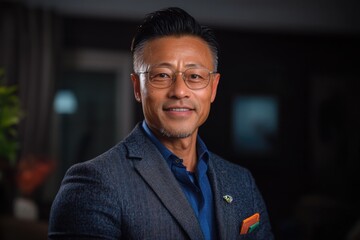 Obraz premium Smiling asian mature male in glasses and suit with orange pocket square indoors
