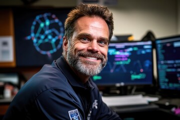 Mature caucasian male scientist smiling in a lab with computer screens and scientific visuals