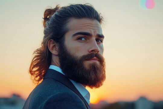 Bearded young caucasian male in suit at sunset with long hair and man bun
