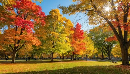  fA park view in the fall with vibrant, multicolored leaves swaying in a tree foliage, leaves, trees, parks, nature, vivid, and autumnuu