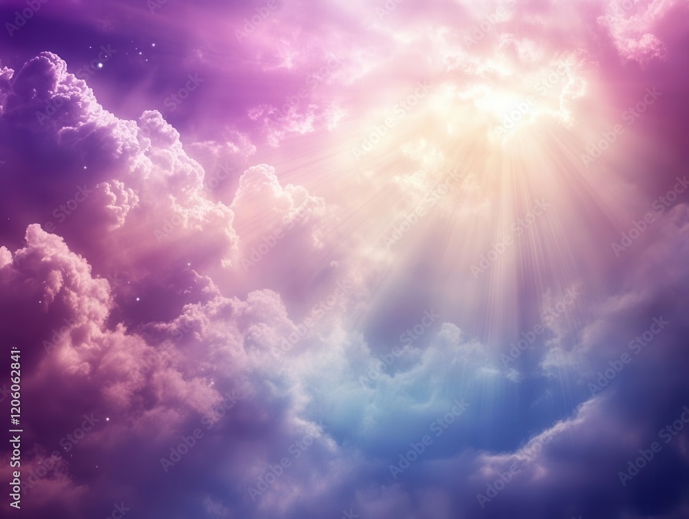 Poster mystical celestial landscape with aurora borealis colors, ethereal light rays piercing clouds, creat