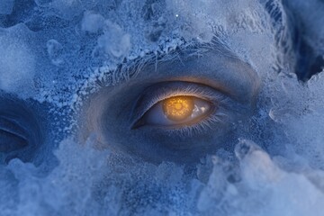 Frozen face with glowing eye amidst snow and ice crystals
