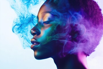 African female young adult in colorful smoke portrait photography