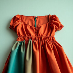 A high angle perspective of a dress and fashion portfolio. Warm terracotta and cool teal colors contrast, creating an earthy and cool aesthetic