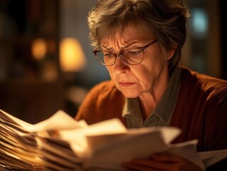 professional woman in her 60s reviewing medical records with furrowed brow, warm office lighting, laptop screen glow, stacks of papers, reading glasses, business casual attire