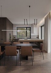 A 3d rendered illustration of a modern spacious kitchen with a free-standing kitchen island