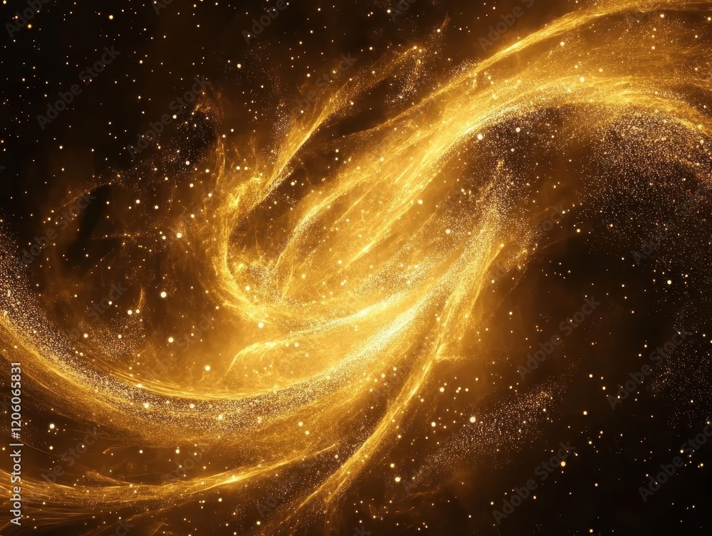 Poster shimmering gold dust particles exploding in slow motion against deep black background, creating ethe
