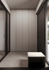Dark entrance hall interior with a indirect lighting, a grey puffs, cabinets and entrance door . A vertical mirror. 3d rendering mock up

