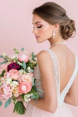 Naklejka premium Creating a romantic wedding mood board featuring soft pink hues, vibrant floral arrangements, and elegant bridal details in a charming setting