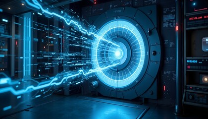 A holographic vault door radiates mesmerizing streams of light and data in a high-tech environment. This futuristic design emphasizes advanced technology and secure storage capabilities