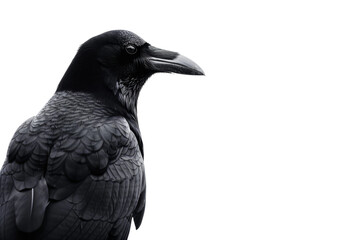 Fototapeta premium Majestic black crow staring intensely, isolated on white background.