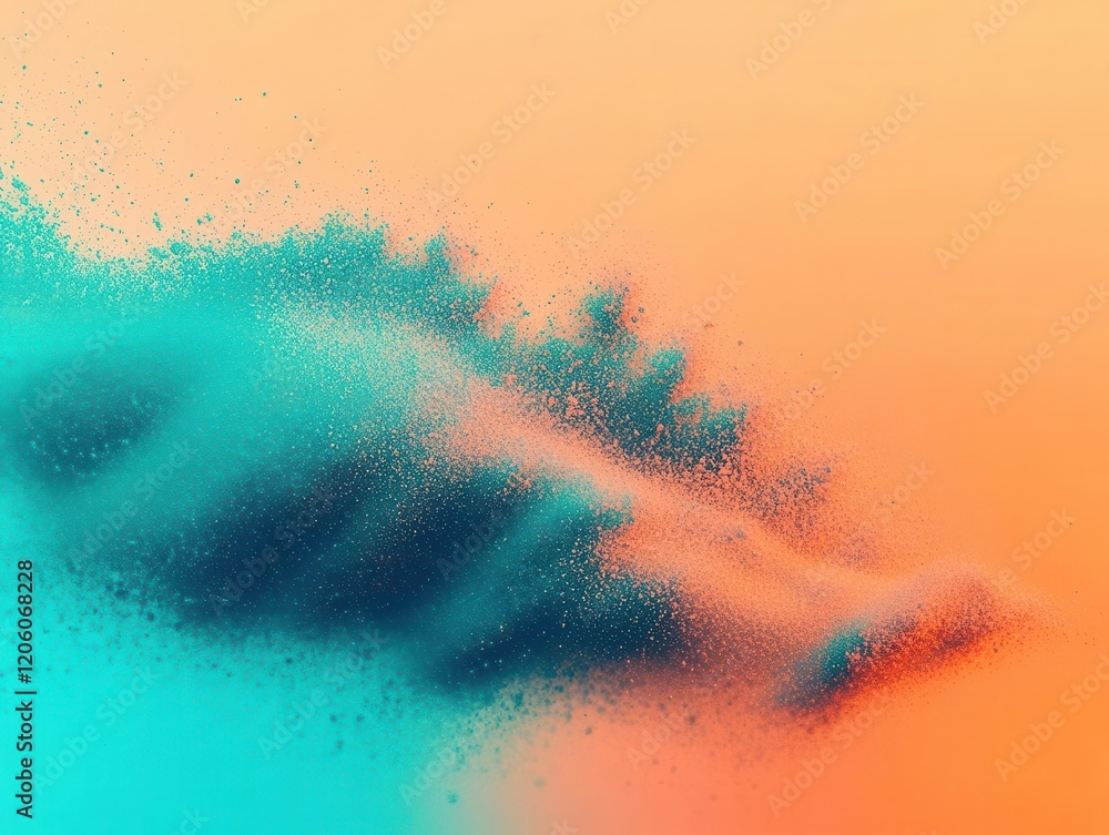 Poster vibrant teal and orange gradient dissolving into grainy texture, retro summer aesthetic, dynamic com