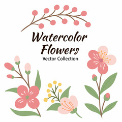 A collection of watercolor flowers, leaves, and branches with the text 