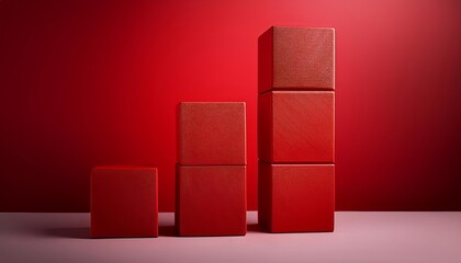 red cubic blocks of different sizes in a staggered, ascending arrangement