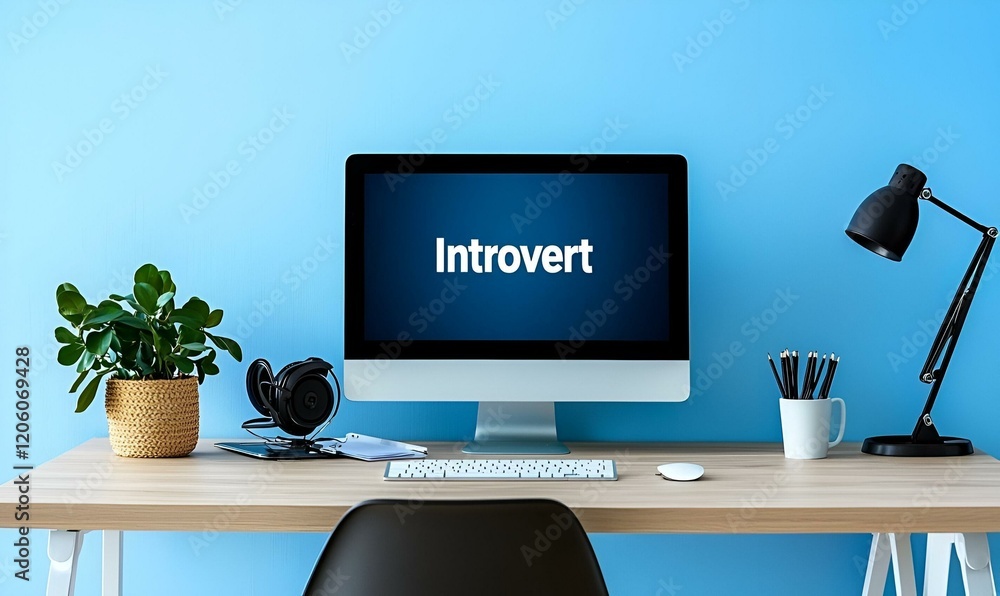 Poster minimalist workspace serenity, a clean desk setup featuring an introvert immersed in work, surrounde