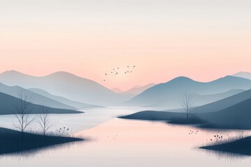 Obraz premium A calm river flows through the center with subtle reflections of the surrounding mountains