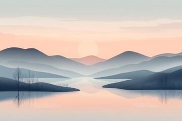 Fototapeta premium A calm river flows through the center with subtle reflections of the surrounding mountains