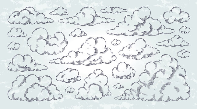 Vintage cloud. Sky sketch, hand draw black and white woodcut style isolated elements, retro line icon collection. Detailed fluffy engraving cloudscape, monochrome graphic vector pencil drawing