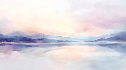 Fototapeta premium Calm waters reflecting mountains under soft, peaceful light.