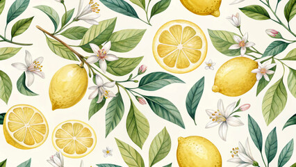 A vibrant pattern features ripe lemons, lemon slices, and delicate white blossoms intertwined with green leaves.Design captures a fresh and summery feel,perfect for a lively kitchen or dining space.AI