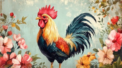 Fototapeta premium Vibrant Rooster Artwork with Floral Frame: A Stunning Digital Illustration for Home Decor
