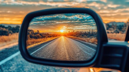 Rearview Mirror Reflecting 2024 on Open Road with Warm Golden Sunset, Symbolizing Reflection and Forward Movement