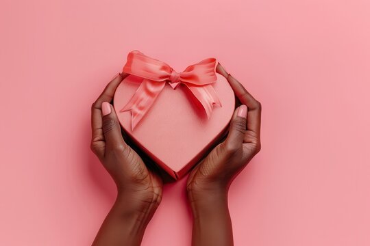 Flat lay of dark skin hands gently holding a heart-shaped box on a light pink background, perfect for Valentine's Day........