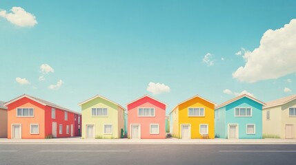 A colorful row of identical houses on a residential neighborhood road, symbolizing suburban life, community living and real estate in the housing market