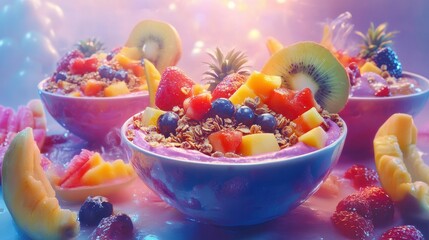 Artistic arrangement of colorful smoothie bowls adorned with fresh fruits and granola, healthy breakfast, superfood indulgence, vibrant nourishment, tropical bliss, wellness delight,