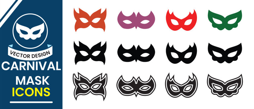 Silhouette of  party, celebration, carnival mask icon, vector set. Black eye mask, Face mask icon, vector illustration.  Masquerade costume mask silhouette,  hidden face mask vector illustration.