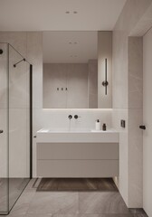 Modern bathroom interior, modern bathroom cabinet, white sink, wooden counter, bathroom accessories and shower, 3D render