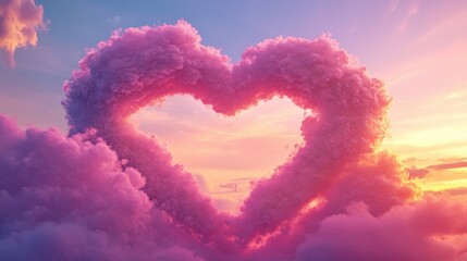Naklejka premium Pink heart shaped clouds at sunset. Beautiful love background with copy space. Clouds in the shape of a heart. Heart shaped clouds. Gate to love. Cloud of love. Valentines background. Fluffy heart