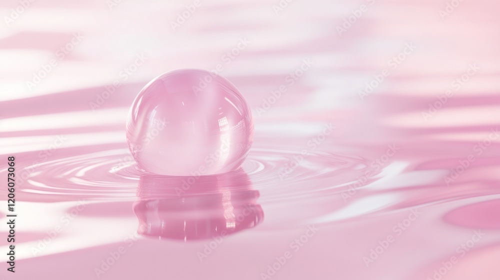 Poster minimalist background with a single floating sphere in pastel pink, floating in the middle, surround