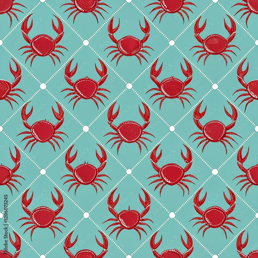 Poster seamless red crab pattern on teal background with diamond checker design, seamless pattern