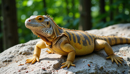 Naklejka premium Colorful lizard basking on a rock in a forest environment