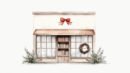 Charming Holiday Bookstore Front with Festive Decorations and Cozy Vibes