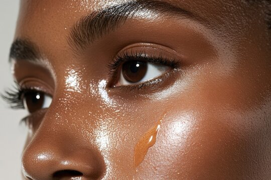 Beauty model showing glowing skin with makeup foundation