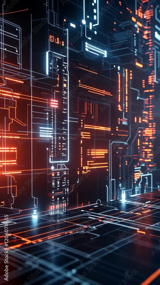 Poster futuristic circuit board design with glowing lights and intricate patterns in a digital environment