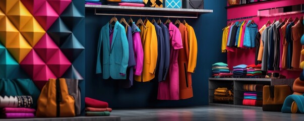 Vibrant clothing store interior with colorful garments displayed.