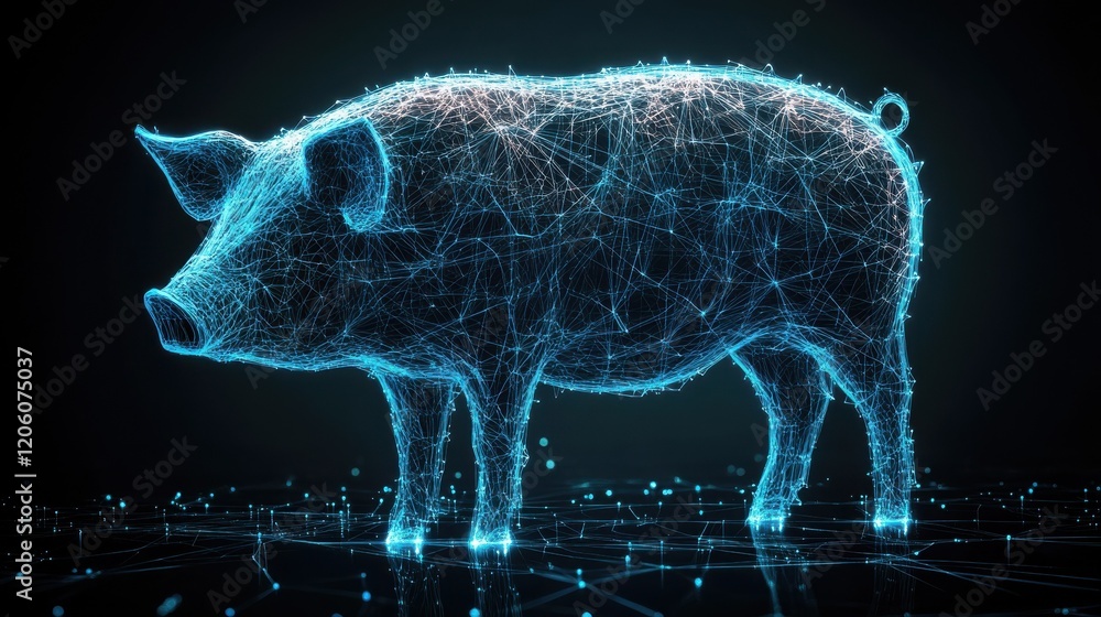 Poster digital representation of a pig made up of blue glowing lines and nodes on a dark background. concep