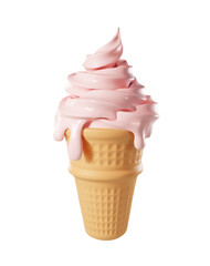 Pink ice cream cone with a crisp waffle cone. Isolated 3D vector of dripping ice cream sweet realistic melted dessert