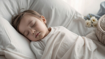 Obraz premium Sleepy child rests peacefully in a cozy bedroom surrounded by soft linens and gentle morning light