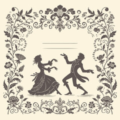 Vintage Wedding invitation card with bride and groom. Romantic Timeless vintage frame, couple dancing, fantasy ballroom dance, couple fooling around, funny valentines day flyer