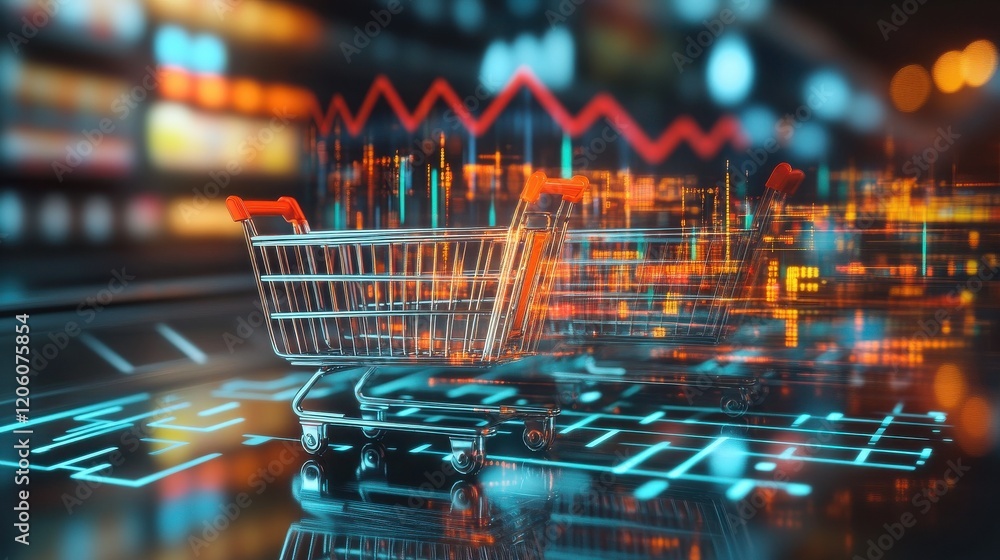 Poster planning maximize sales concept. animatedstyle shopping carts merging with upward graphs, ecommerce 