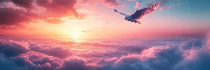Majestic Bird Soaring Above Dreamy Sunrise Clouds in Serene Sky