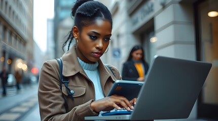 A candid street photography image, cool blues greens and purples, depicting a serious young biracial woman with dark eyes and full lips, focused intently on a laptop and calculator while managing
